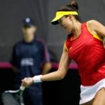 Fotografía Garbiñe en el primer partido contra Serbia de Copa Federación, frente a Jorovic