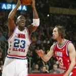 BKN-ALL STAR-JORDAN 5:JTH07 - 20030209 - ATLANTA, GA, UNITED STATES : NBA All-Star Michael Jordan (L) of the Washington Wizards drives to the basket past Steve Nash of the Dallas Mavericks, 09 February 2003, during the NBA All-Star game at Philips Arena in Atlanta, Georgia. Jordan started in place of Vince Carter who was voted onto the team, but elected to give Jordan his starting spot.