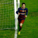 El delantero argentino del FC Barcelona Lionel Messsi celebra el segundo gol del equipo frente al Rayo Vallecano, durante el partido de la vigésima séptima jornada de Liga en Primera División que se disputa esta noche en el estadio de Vallecas, en Madrid. EFE/JuanJo Martín Messi celebra un gol anotado ante el Rayo Vallecano en Liga BBVA