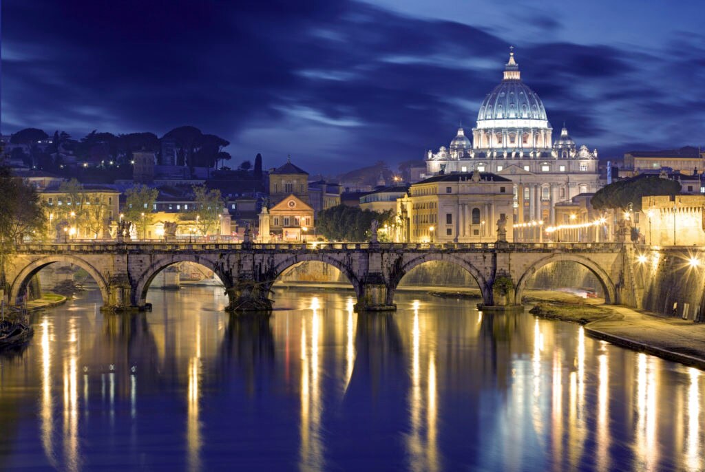 Night image of St. Peter's Basilica, Ponte Sant Angelo and Tiber Night image of St. Peter's Basilica, Ponte Sant Angelo and Tiber