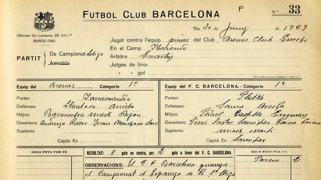 Ficha del partido que dio la primera Liga al Barcelona frente al Arenas de Getxo | Foto: FCBarcelona.es Ficha del partido que dio la primera Liga al Barcelona frente al Arenas de Getxo | Foto: FCBarcelona.es