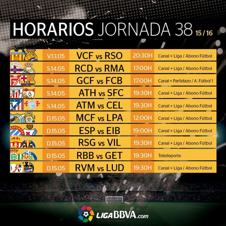 Horarios de la jornada 38 de la Liga BBVA Horarios de la jornada 38 de la Liga BBVA