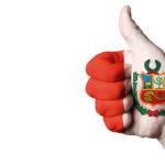 Fotografía de mano con los colores y el escudo del Perú.