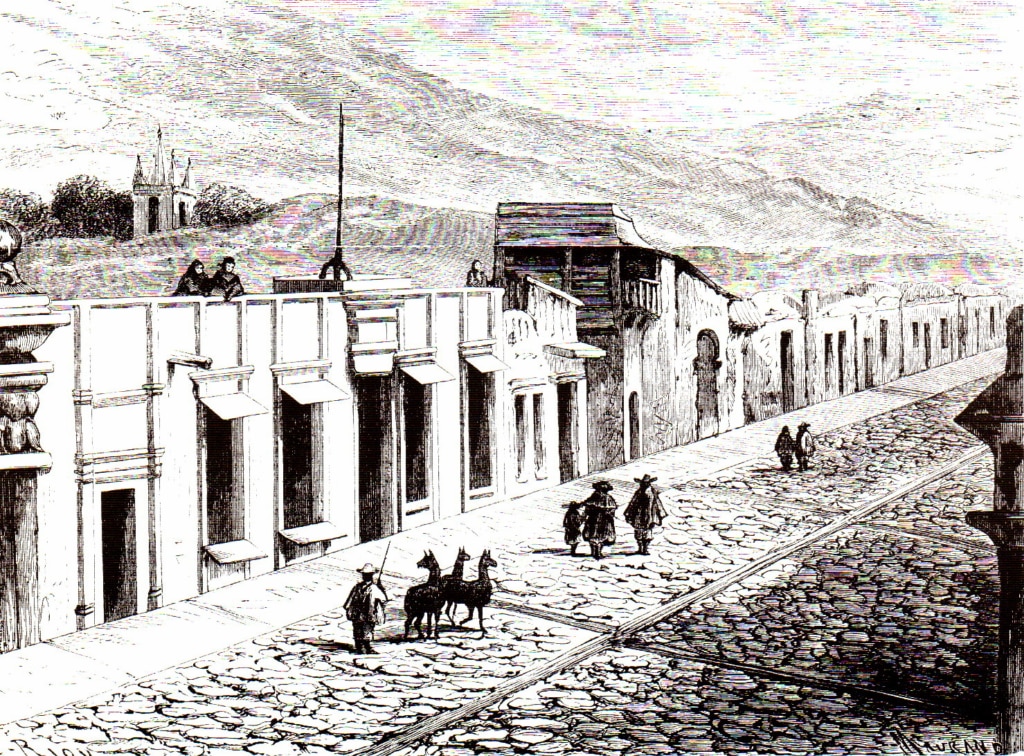 Calle arequipeña dibujada por el viajero francés Paul Marcoy en 1869. Dibujo de una calle arequipeña de Paul Marcoy en 1869. BBVA