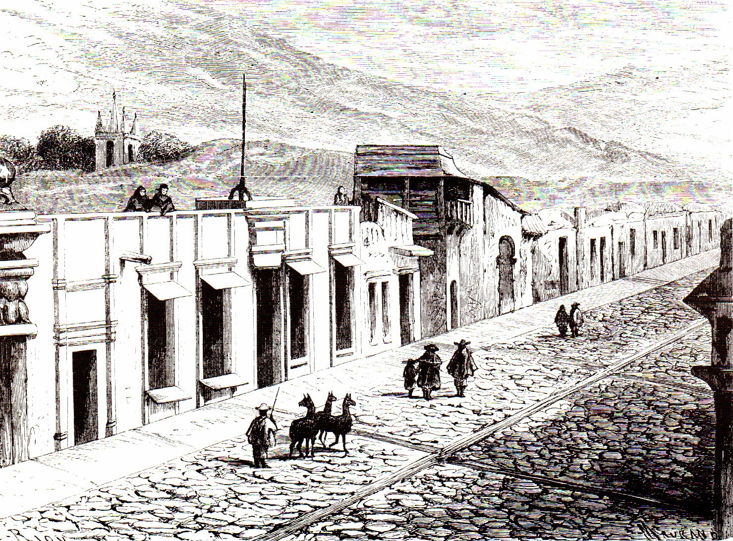 Dibujo de una calle arequipeña de Paul Marcoy en 1869. BBVA