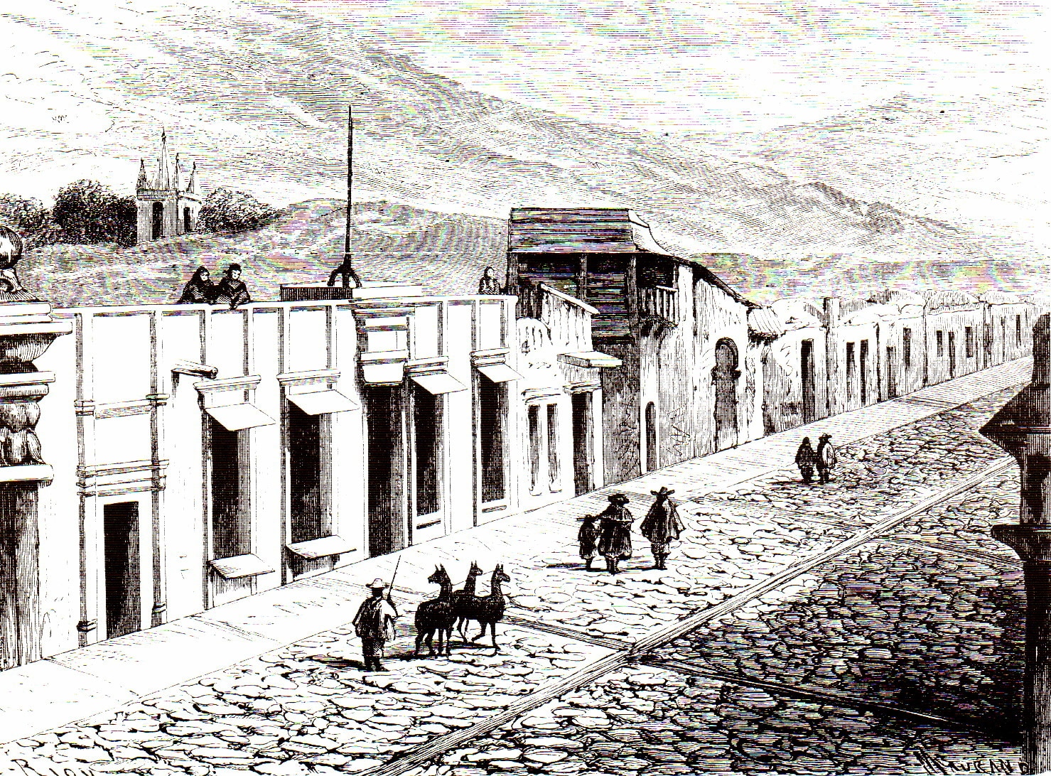 Calle arequipeña dibujada por el viajero francés Paul Marcoy en 1869. Dibujo de una calle arequipeña de Paul Marcoy en 1869. BBVA