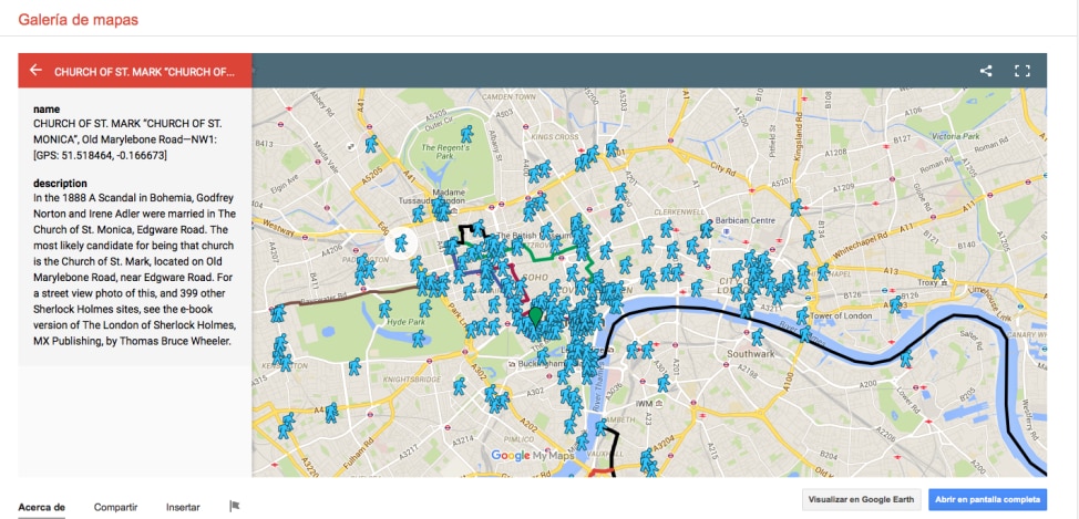Mapa de las escenas de Sherlock Holmes recurso de Google Maps