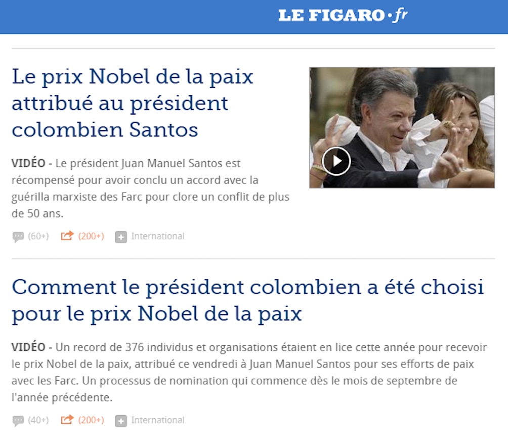Fotografía de Titular de Le Figaro: Le prix Nobel de la paix attribué au présidente colombien Santos