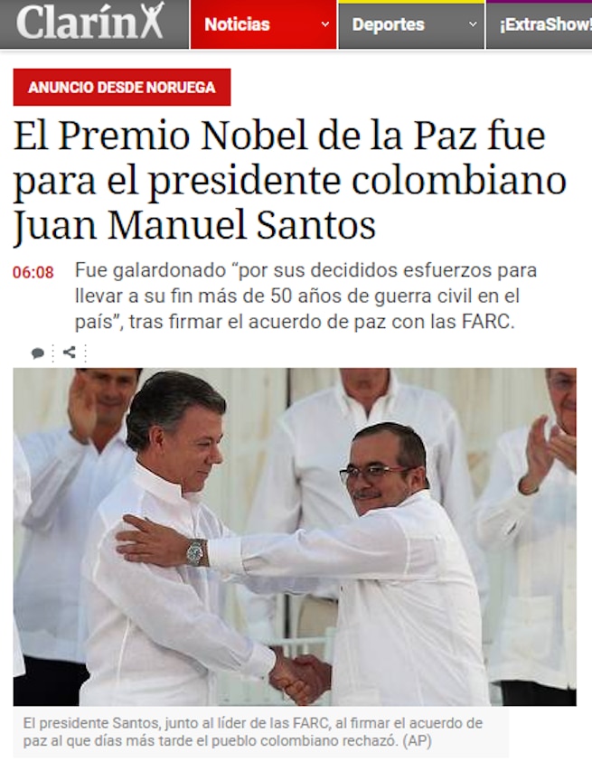 Fotografía de Titular del Clarin de Argenita: Premio Nobel de Paz fue para el presidente colombiano Juan Manuel Santos