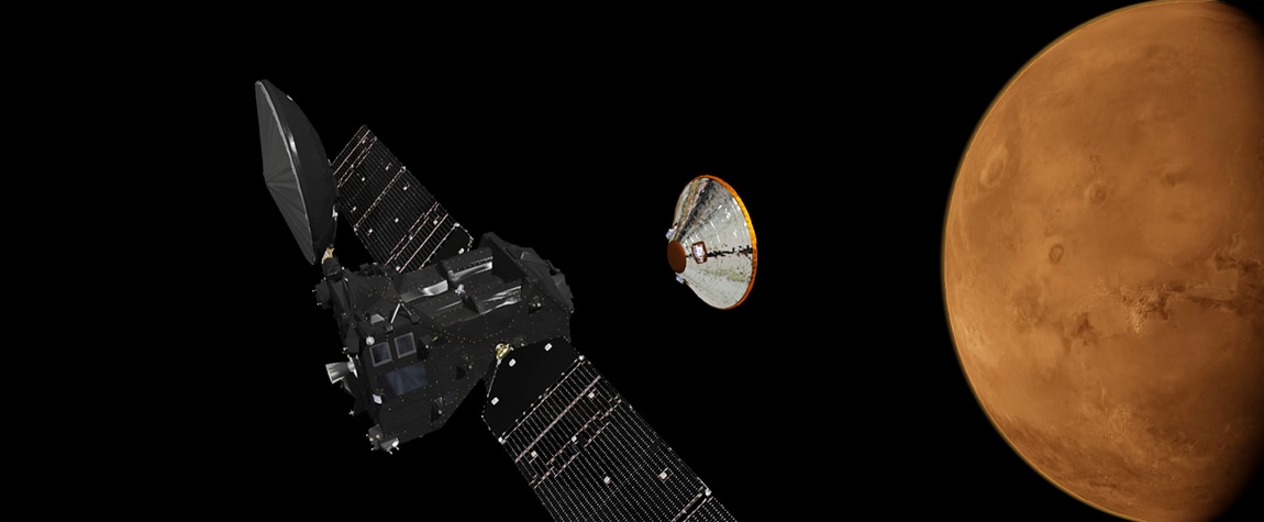 Sonda espacial y módulo Schiaparelli de la misión ExoMars, que busca vida en Marte Imagen de las naves de la misión ExoMars, que Mark McCaughrean explicó en la Fundación BBVA