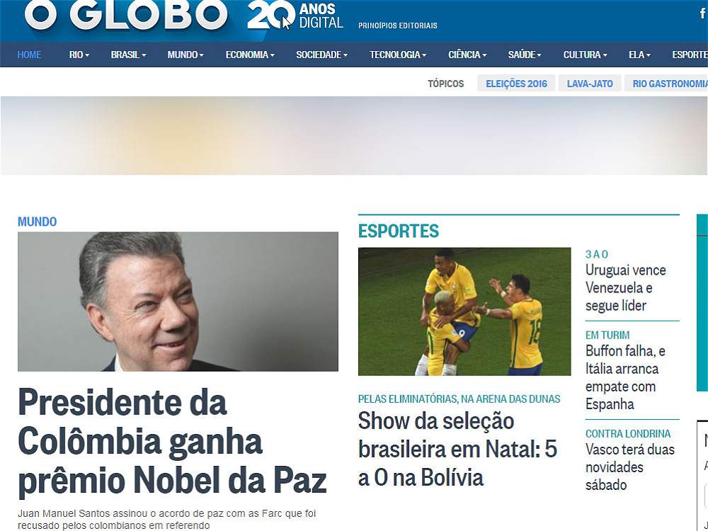 Fotografía de Titular de O Globo de Brasil: Presidente da Colômbia ganha prêmio Nobel de Paz