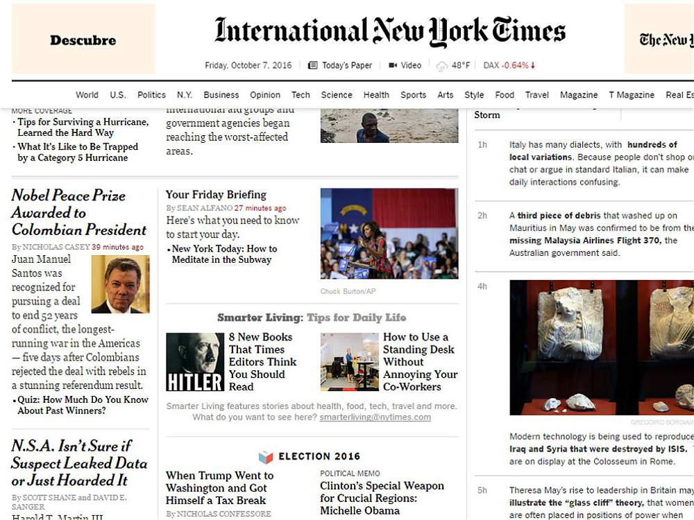 Fotografía de Titular del New York Times de Estados Unidos: Nobel Peace Prize Awarded to Colombian President