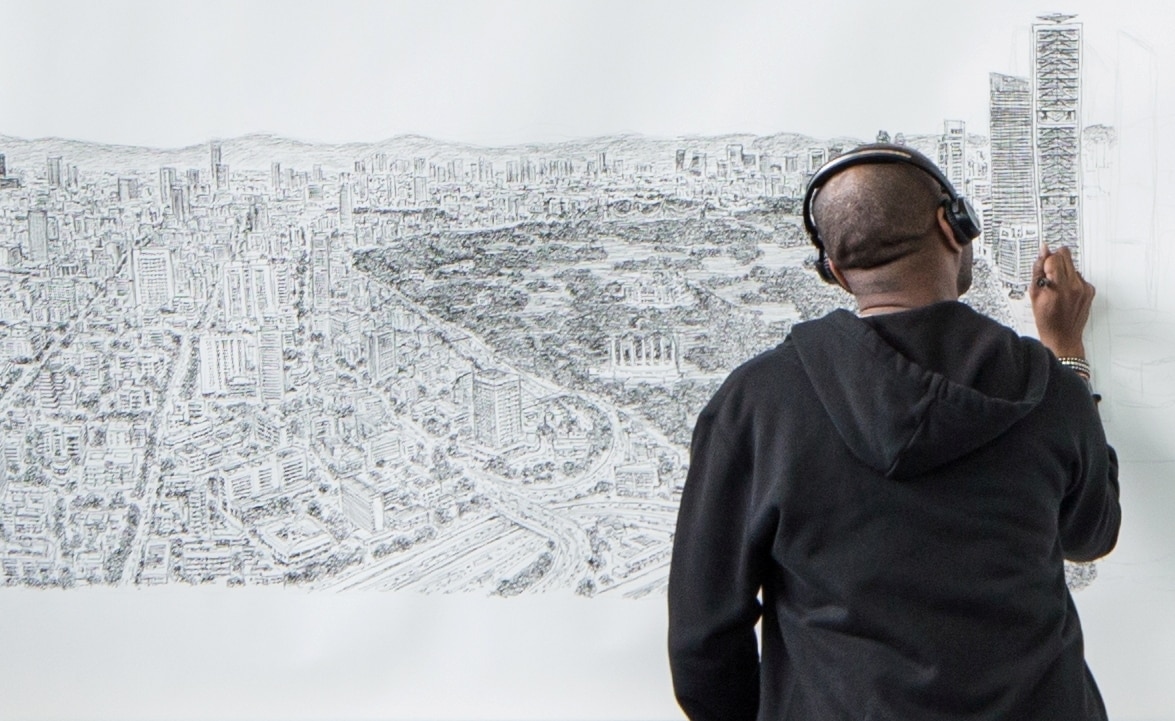 StephenWiltshire retratando la TorreBancomer