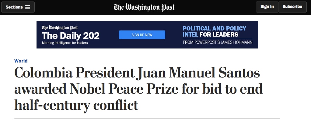 Fotografía de Titular de The Washington Post de Estados Unidos: Colombia President Juan Manuel Santos awarded Nobel Peace Prize for bid to end halg-century conflict