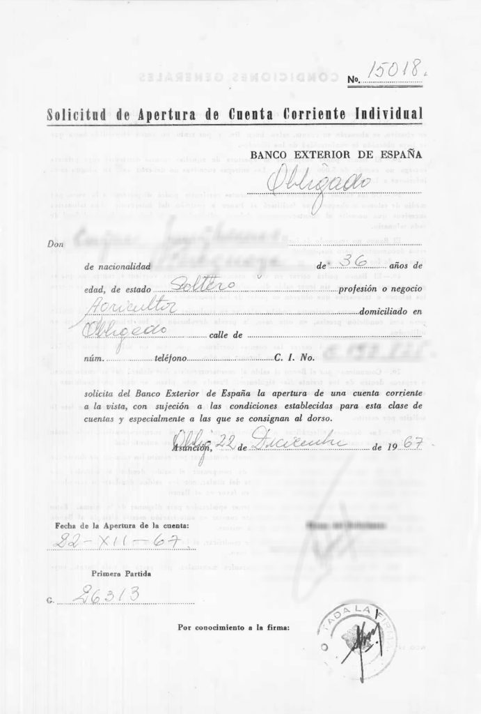 Documento histórico de BBVA Paraguay Documento antiguo de apertura de cuenta Paraguay