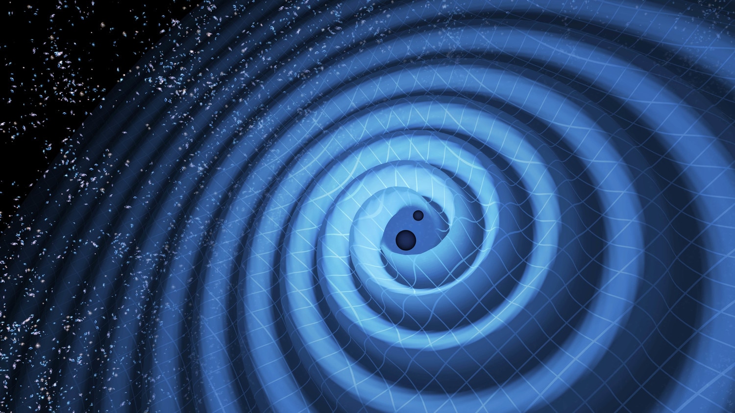 Recreación de las ondas gravitacionales causadas por la fusión de dos agujeros negros, explicada por David Reize en la Fundación BBVA Imagen de ondas gravitacionales causadas por la fusión de dos agujeros negros, explicada por David Reize en la Fundación BBVA