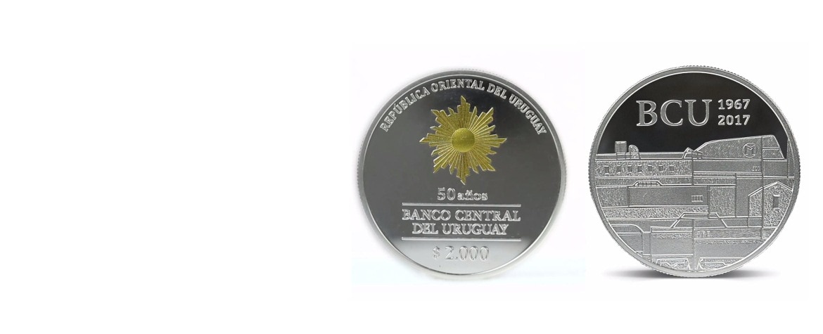 Aspecto de la moneda conmemorativa del 50º aniversario del Banco Central de Uruguay