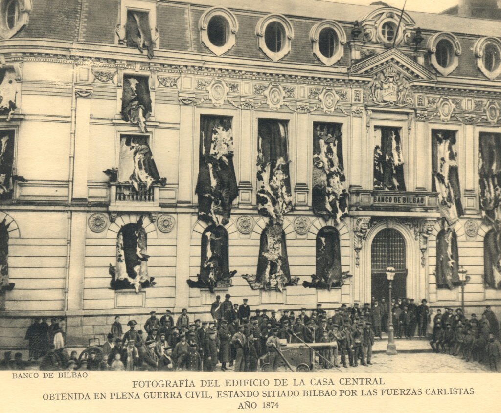 Imagen de la sede del Banco de Bilbao durante la Guerra Carlistas (1874)