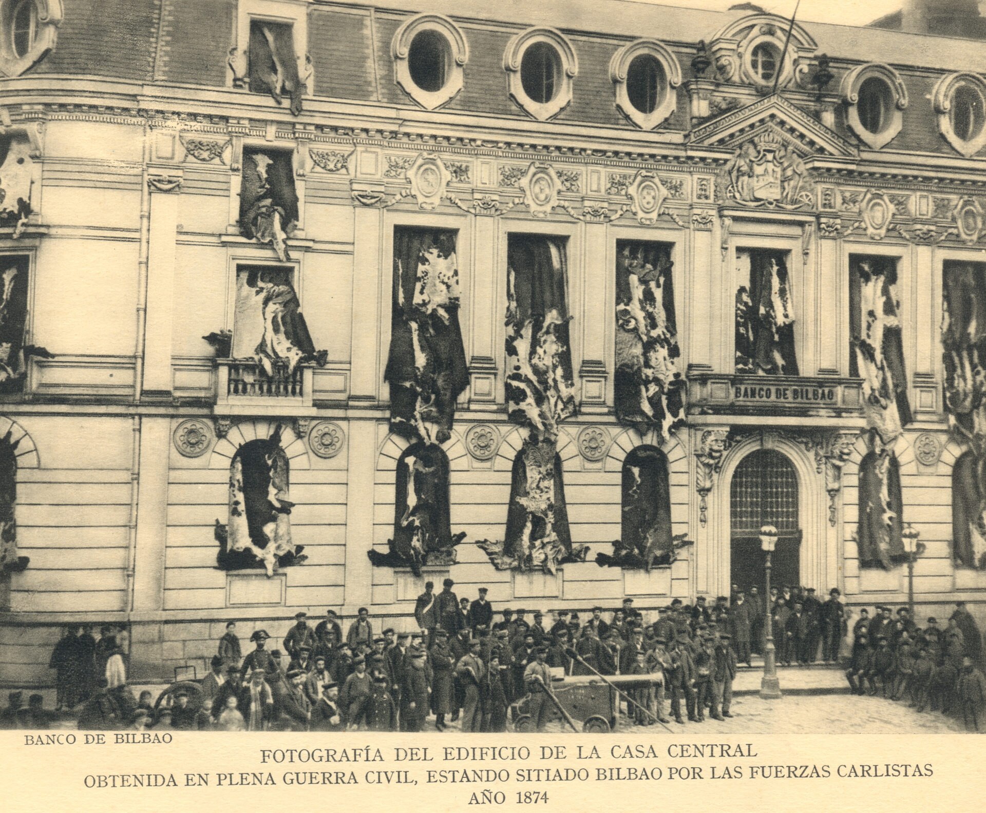 Imagen de la sede del Banco de Bilbao durante la Guerra Carlistas (1874)
