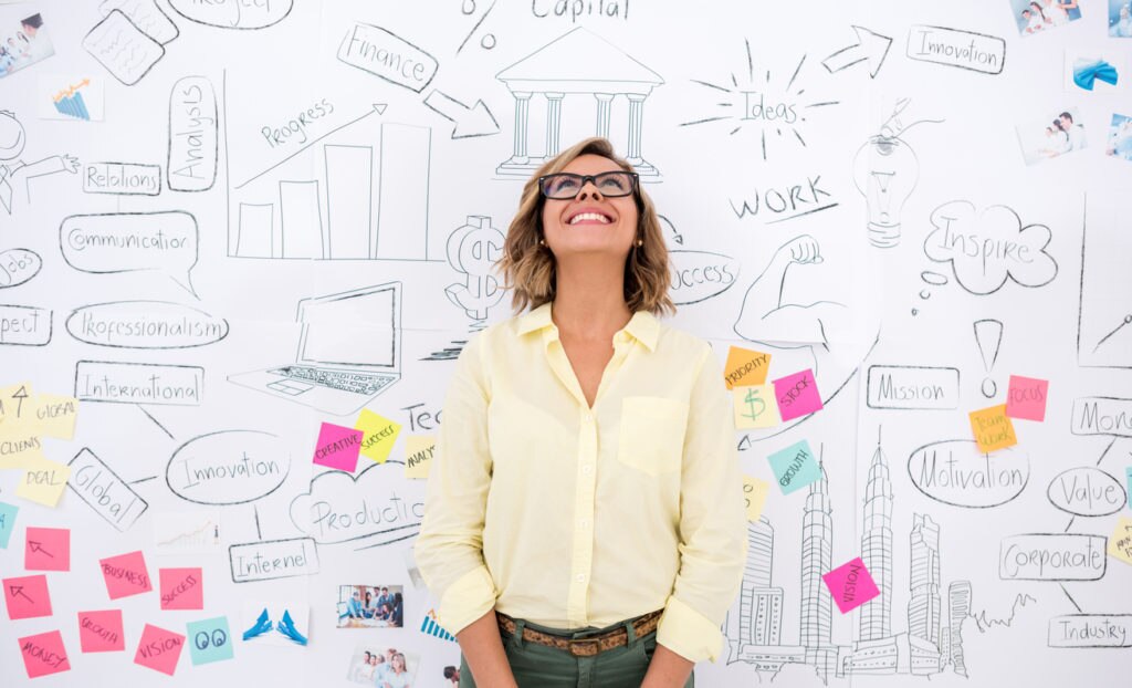 Creative business woman thinking and brainstorming with a wall chart at the background Creative business woman thinking and brainstorming with a wall chart at the background