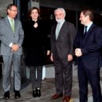 La reina Letizia a su llegada a la Fundéu BBVA con José Antonio Vera, presidente de la Agencia Efe, Darío Villanueva, director de la Real Academia, y Paul G. Tobin, director de Comunicación de BBVA