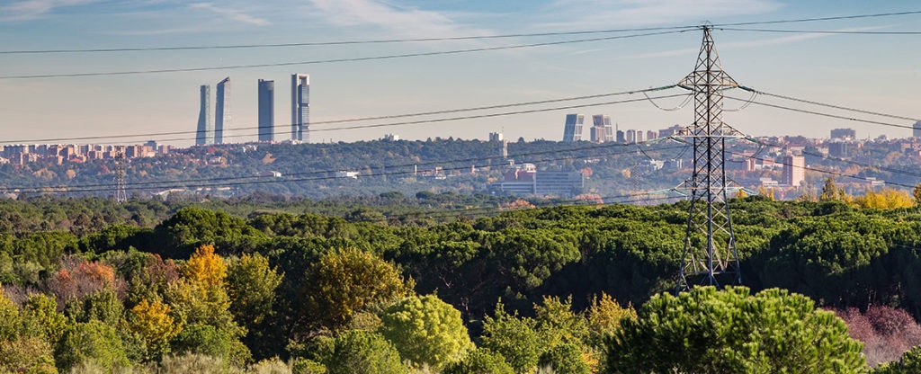 Fotografia de las cuatro torres de Madrid, bosque, verde, torre de electricidad BBVA cuatro torres de Madrid, bosque, verde, torre de electricidad