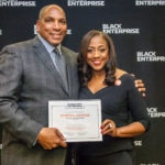 BBVA Compass Chief Talent & Culture Executive Rosilyn Houston receives recognition from Black Enterprise CEO Earl Graves at the publication's 2018 BBVA-Compass-Rosilyn-Houston-Black-Enterprise