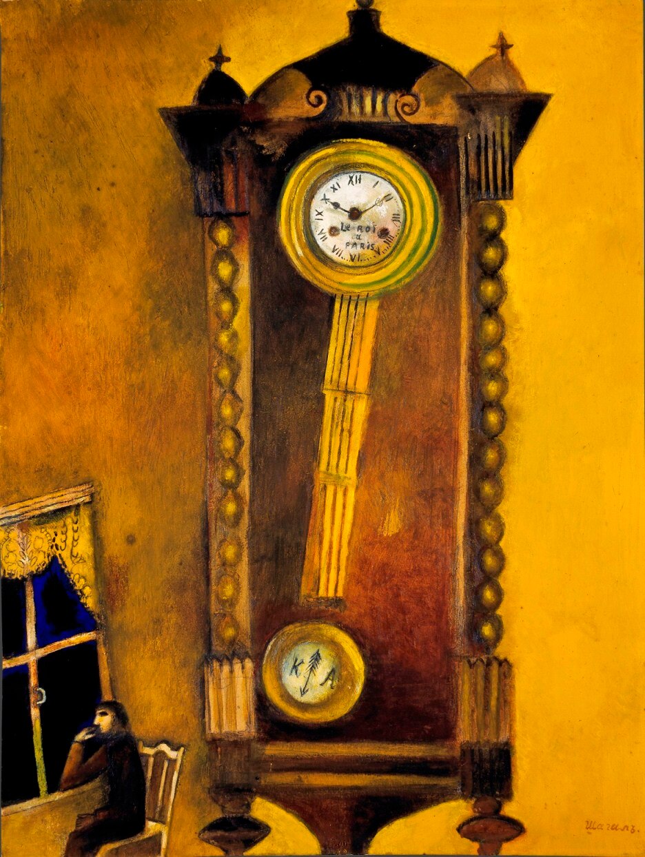 El reloj, 1914. Galería Estatal Tretyakov, Moscú © Marc Chagall, Vegap, Bilbao 2018 El reloj, 1914. Galería Estatal Tretyakov, Moscú © Marc Chagall, Vegap, Bilbao 2018
