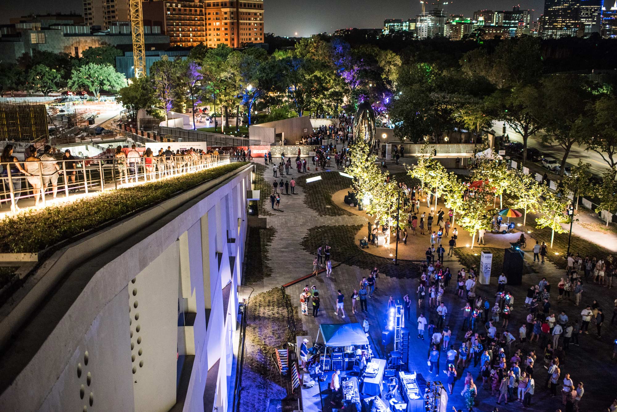 Overhead view of the BBVA Compass Roof Garden and the Brown Foundation, Inc. Plaza at the Mixed Media Event that took place at the Musuem of Fine Arts, Houston on July 20, 2018.