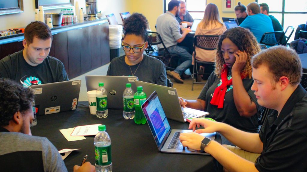 Students from the University of Alabama at Birmingham's School of Engineering participate in the inaugural BBVA Compass Hackathon. BBVA-Compass-Hackathon-Participants-2018
