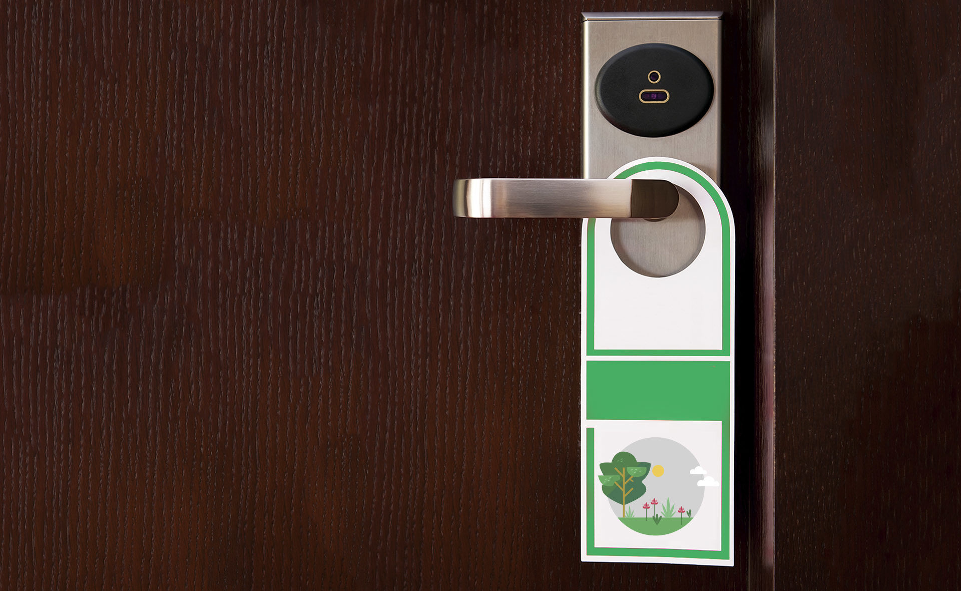 Fotografía de Hotel verde, sostenibilidad, etiqueta, servicio de habitaciones, finanzas sostenibles, puerta, picaporte