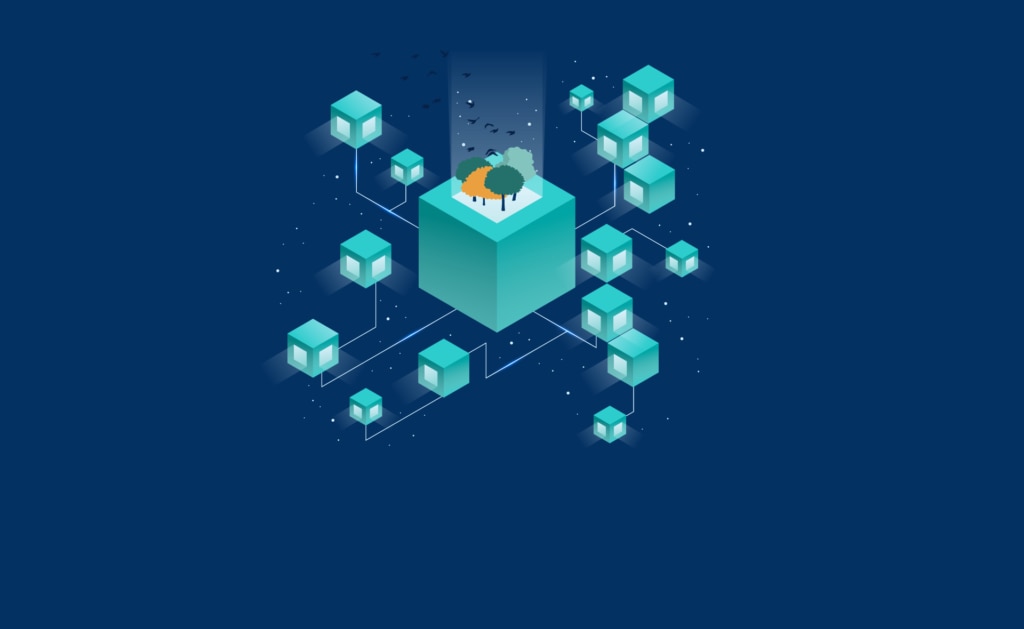 Blockchain, verde, azul, árboles, naturaleza, medioambiente, tecnología Fotografía de Blockchain, verde, azul, árboles, naturaleza, medioambiente, tecnología
