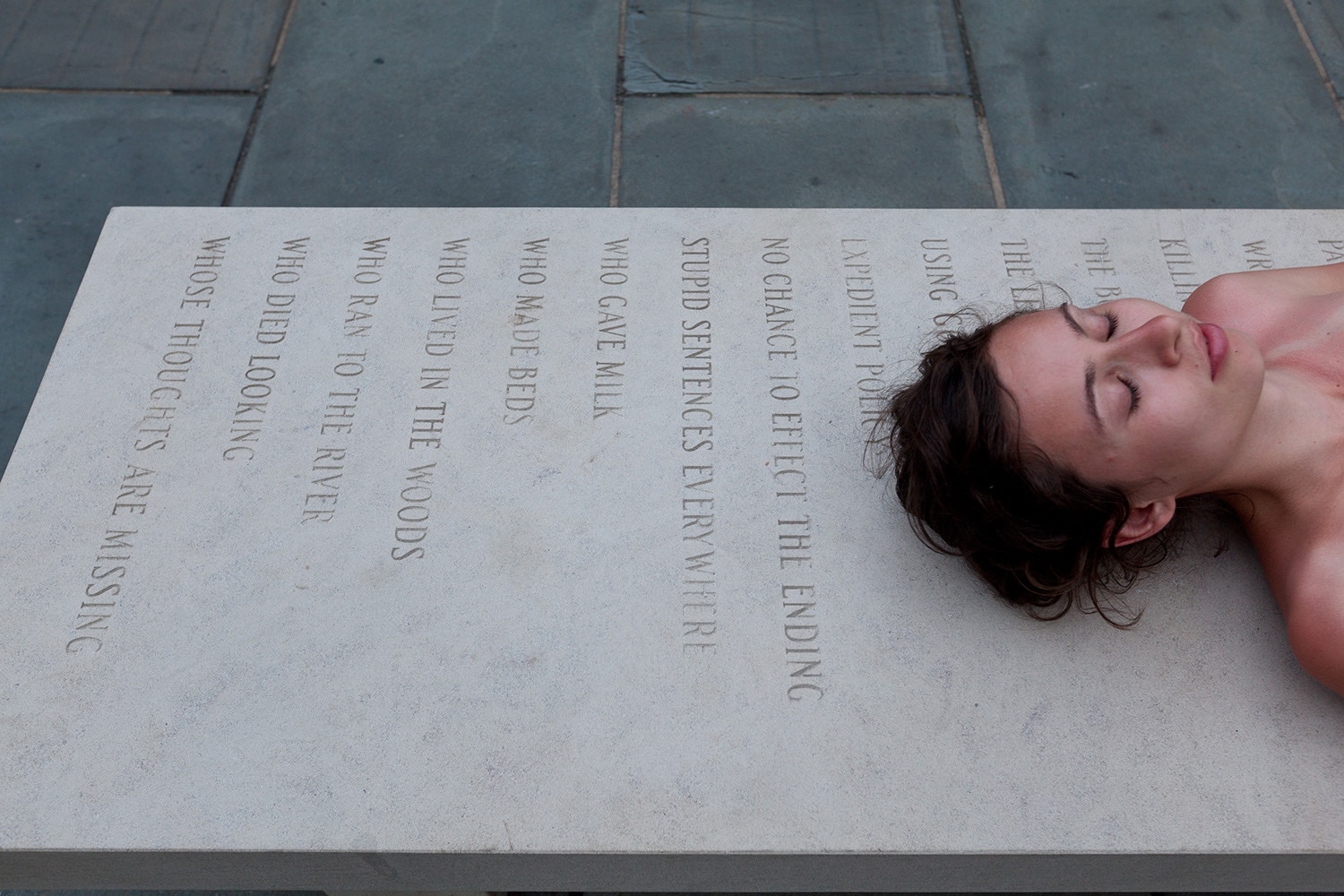 Jenny Holzer
Memorial Bench II Eye cut by flying glass… Jenny Holzer Memorial Bench II Eye cut by flying glass…