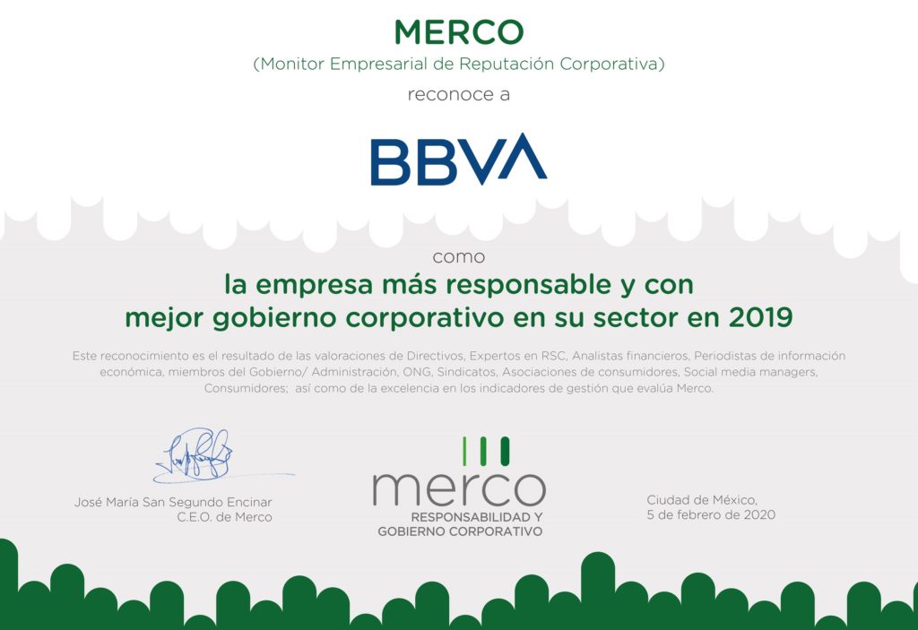Reconocimiento Merco a BBVA México Reconocimiento Merco a BBVA México