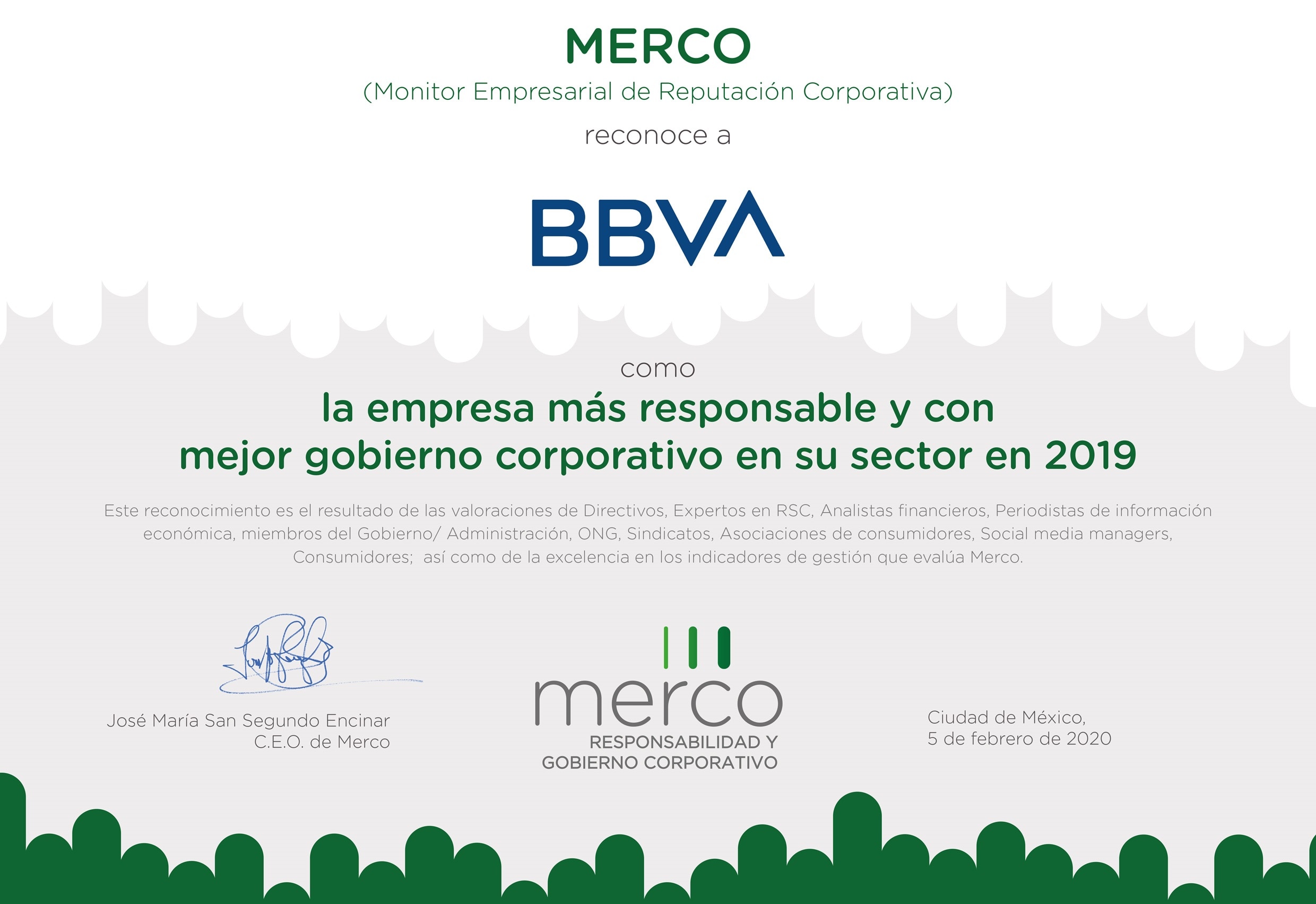 Reconocimiento Merco a BBVA México Reconocimiento Merco a BBVA México