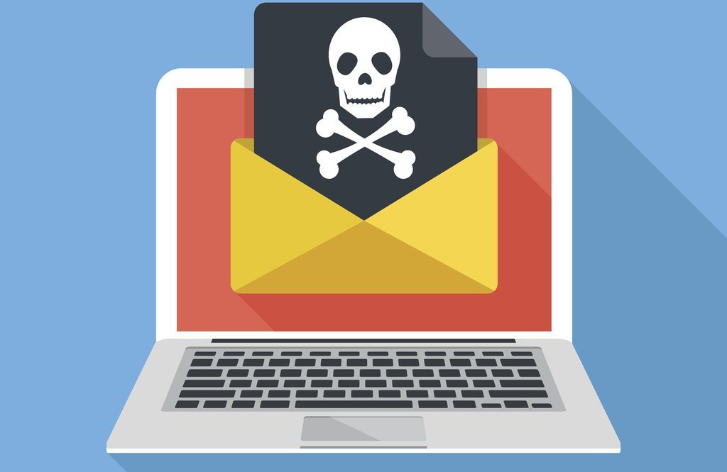 Laptop, envelope, document, skull icon. Virus, malware, email fraud