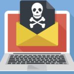 Laptop, envelope, document, skull icon. Virus, malware, email fraud