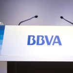 BBVA corporate logotype microphone lectern speech presentation information resource Picture BBVA corporate logotype microphone lectern speech presentation information