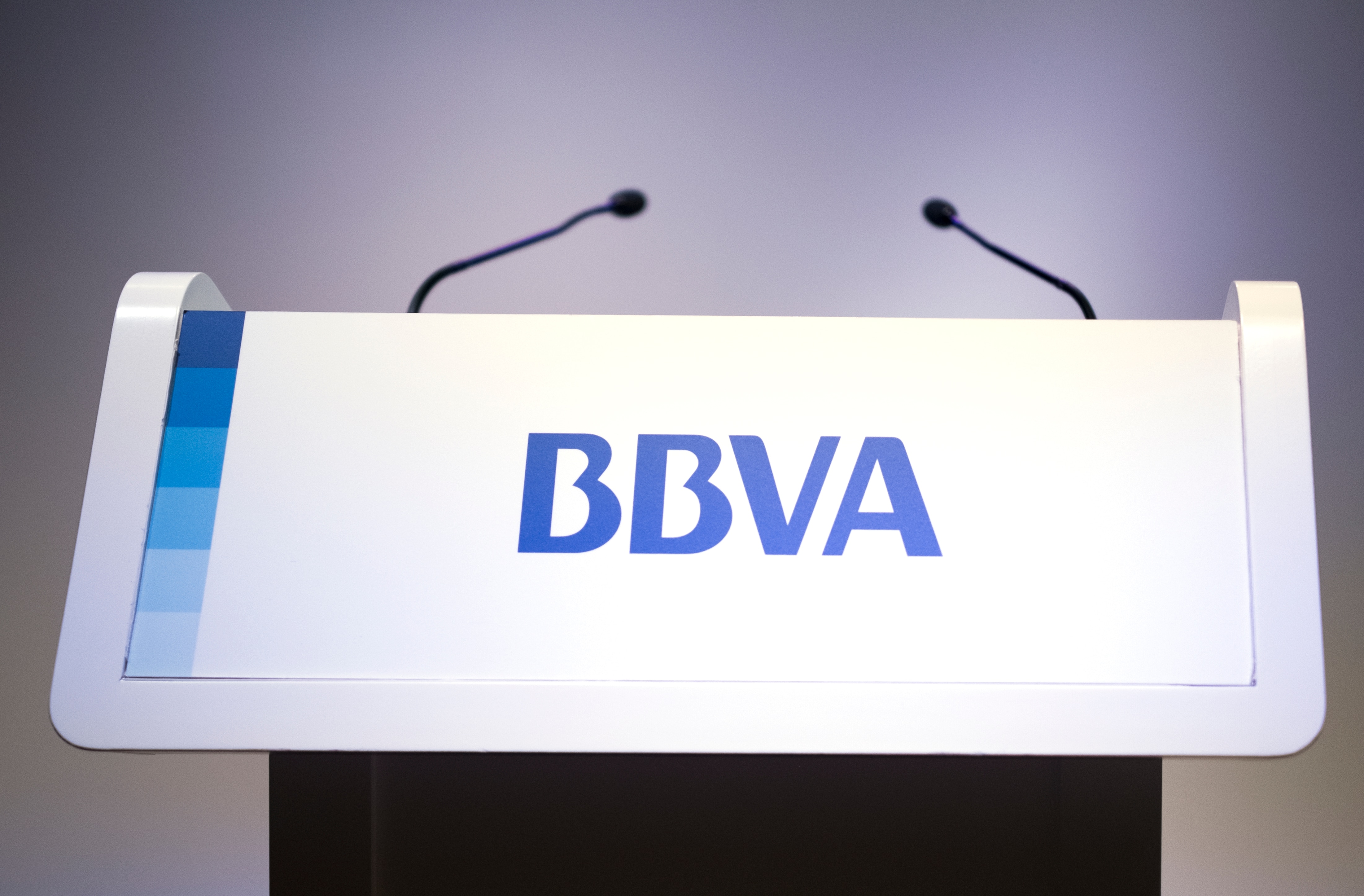 BBVA corporate logotype microphone lectern speech presentation information resource Picture BBVA corporate logotype microphone lectern speech presentation information