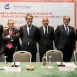 From left, journalist Carmelo Encinas; José Luis Bonet, President of the Chamber of Commerce; Jaime Malet, Chairman of the American Chamber of Commerce in Spain; Jaime García-Legaz, Secretary of State for Trade of the Spanish Government; Jose Manuel González-Páramo, Executive Director, BBVA; and José Luis Feito, Chairman of the Institute of Economic Studies.