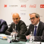 Jose Manuel González-Páramo, Executive Director, BBVA, during address, alongside Secretary of State for Trade of the Spanish Government, Jaime García-Legaz and Jaime Malet, Chairman of the American Chamber of Commerce in Spain.