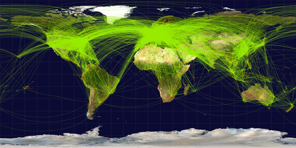 World-airline-routemap Jpatokal (Wikipedia Commons)