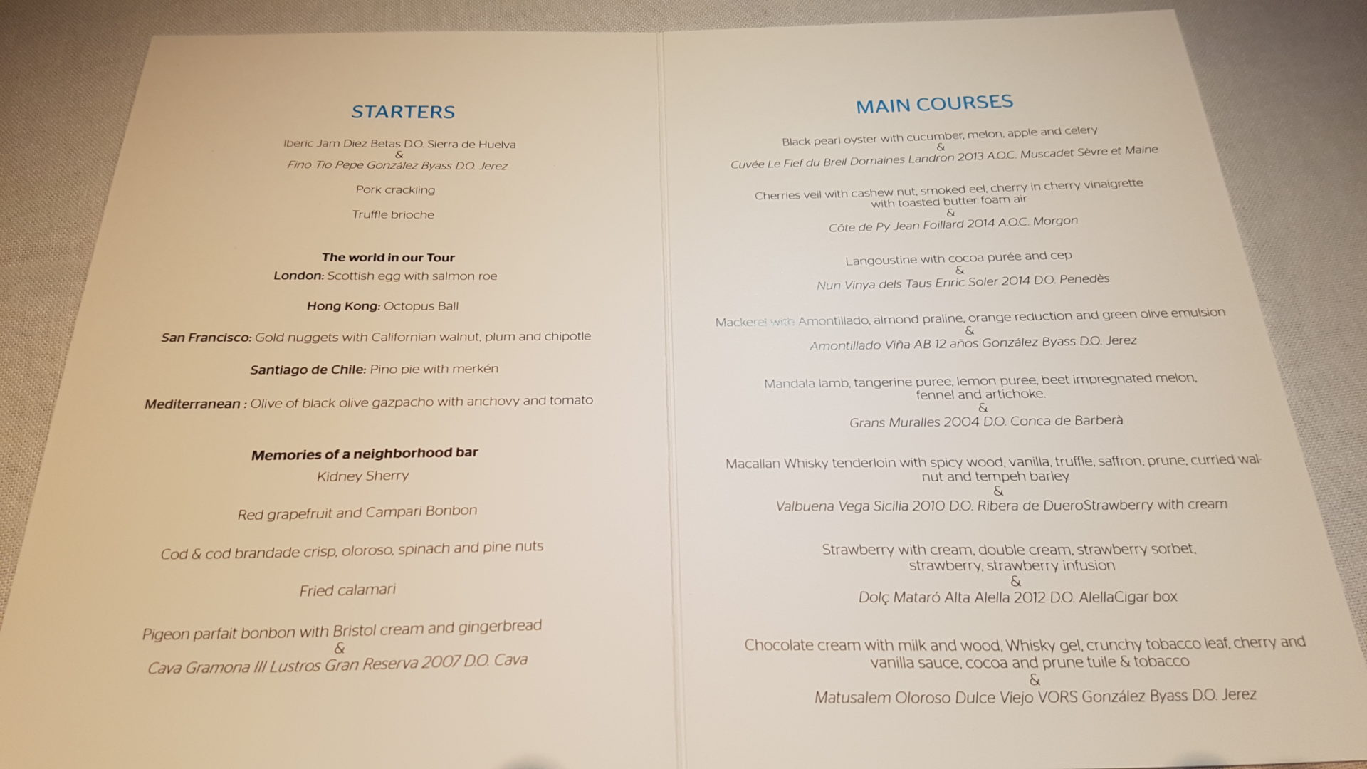 menu served in London during the BBVA Roca Tour 16