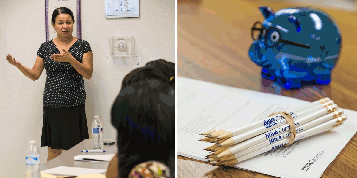 BBVA Compass volunteers fanned out across the footprint to hold workshops on personal finance and affordable housing options. From left, a volunteer in Phoenix and a scene from the Houston workshops.