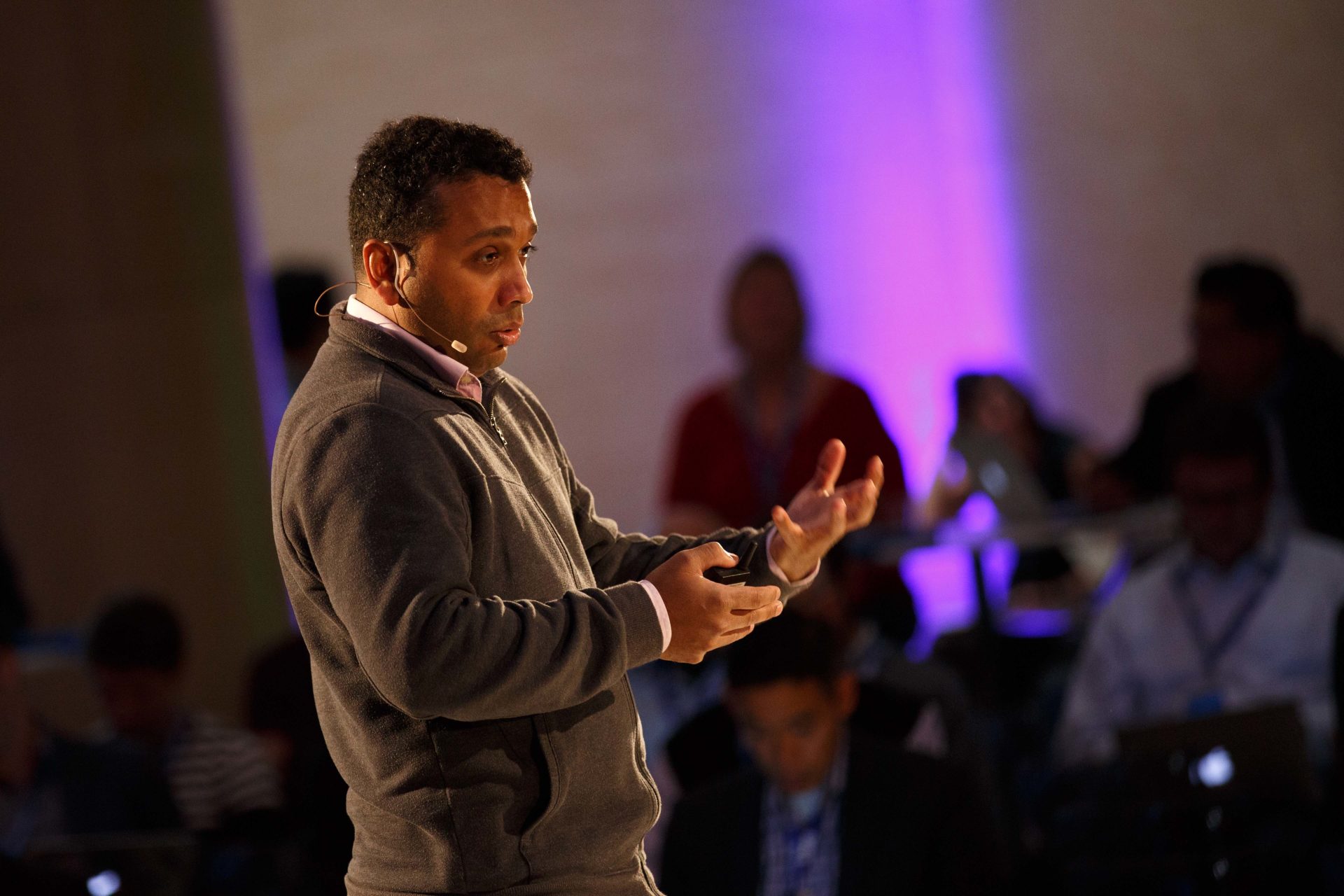 A photo of BBVA's Head of Open APIs Shamir Karkal keynoting Fintech University on Monday, Oct. 18.