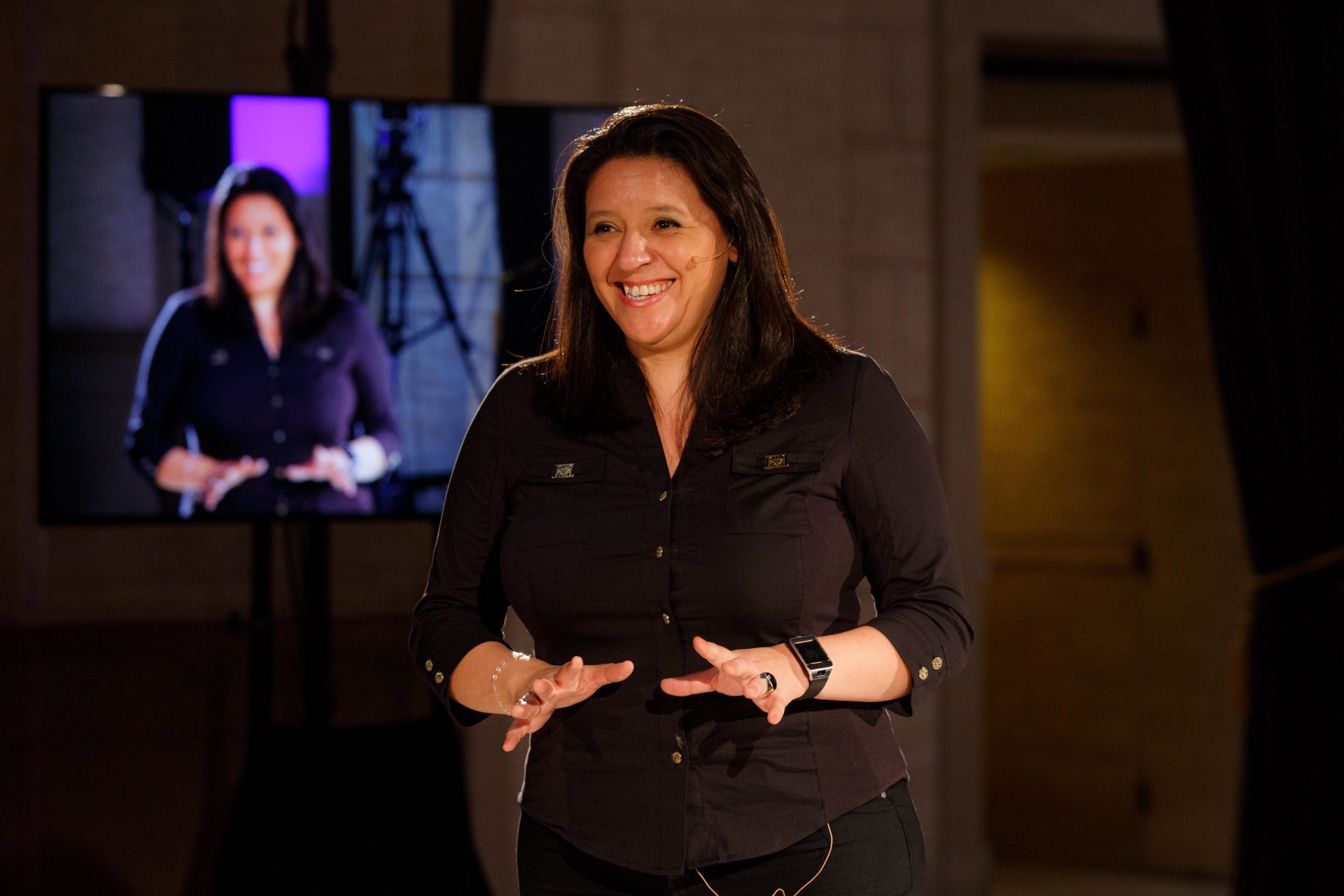 A photo of BBVA’s Head of Open Innovation and Open Talent Marisol Menendez interacts with the capacity crowd at Fintech University held on Oct. 17 at San Francisco’s Bently Reserve.