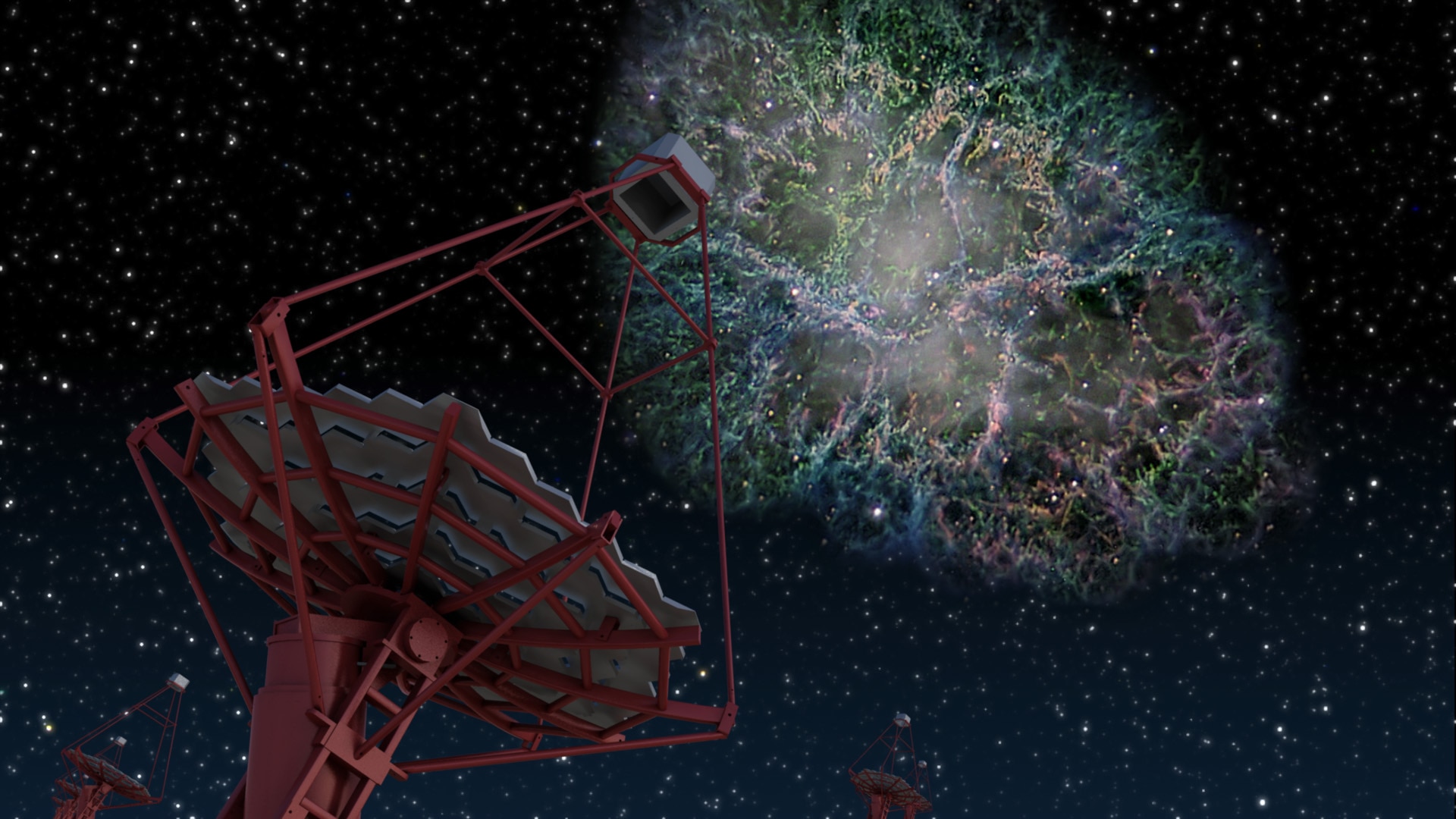Artistical recreation of a MAGIC Telescope detecting gamma rays Image. Artistical recreation of a MAGIC Telescope detecting gamma rays. Conference at BBVA Foundation