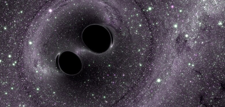 Simulated image of the two merging black holes detected by LIGO, conference Reitze at BBVA Foundation