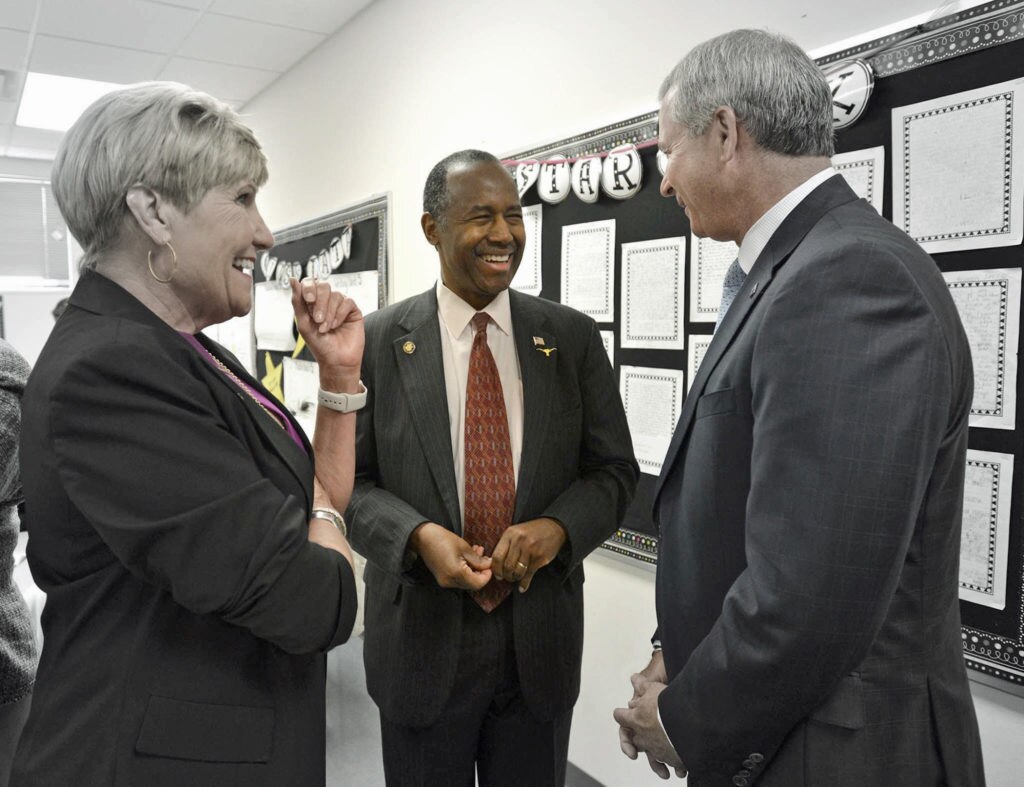 Fort Worth Mayor Betsy Price, HUD Secretary Ben Carson and BBVA Compass Fort Worth Market CEO Brian Happel.