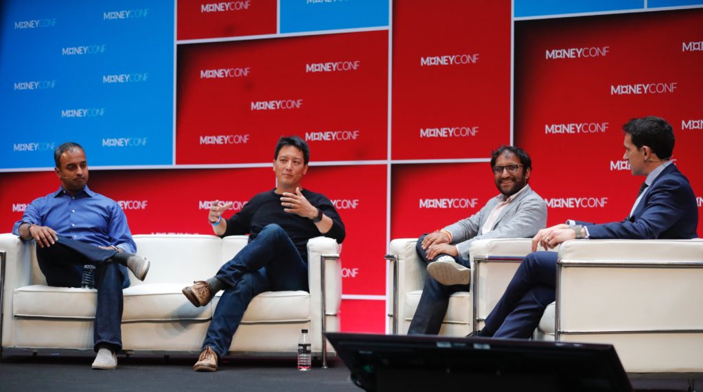 A panel moment about fintech in Europe. From left to right, Ravi Viswanathan, General Partner of NEA; Jay Reinemann of Propel; Sheel Mohnot, partner of 500 Startups and Francesco Guerrera, Dow Jones and the moderator of the debate.